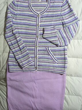 St John Pastel Lilac Knit Cardigan & Skirt Set